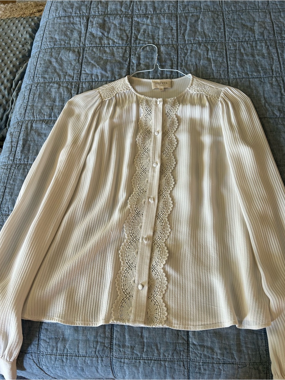 Sezane White Lace-Trim Pleated Button-Down Blouse - Picture 4 of 5